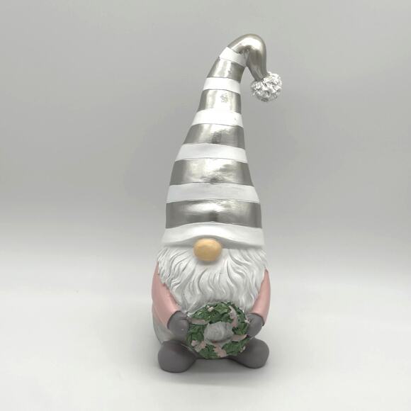 New Pink & Silver Metallic Resin 14" Christmas Gnome With Wreath - Picture 2 of 8